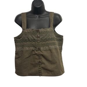 Vintage Army Green / Olive Lace-Trim Button Front Cropped Tank Top - Women